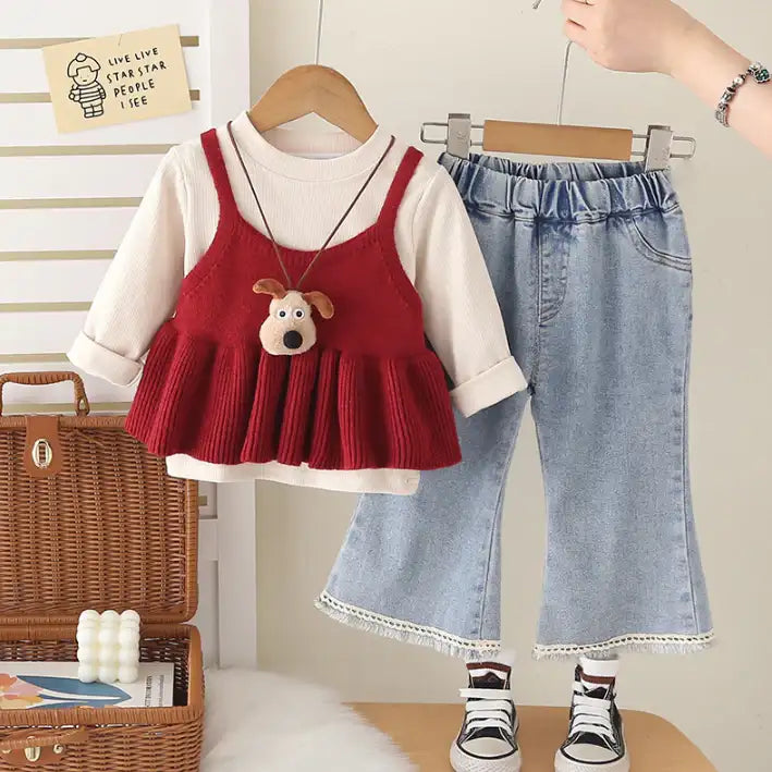 3-Piece Kids Outfit with Knit Top & Jeans β Yellow or Red (1-5 Years)